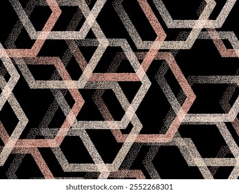 Patrón de Vector sin costuras geométrico hexagonal de semitono. Diseño gráfico de fondo continuo de dotwork. Formas hexagonales de puntos de gradiente. Los símbolos poligonales inusuales se superponen a las Formas granuladas.