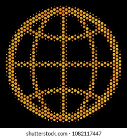 Halftone hexagon Globe icon. Bright yellow pictogram with honeycomb geometric pattern on a black background. Vector composition of globe icon done of honeycomb items.