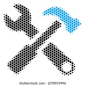 Halftone hexagon Hammer And Wrench icon. Pictogram on a white background. Vector collage of hammer and wrench icon organized of hexagonal blots.