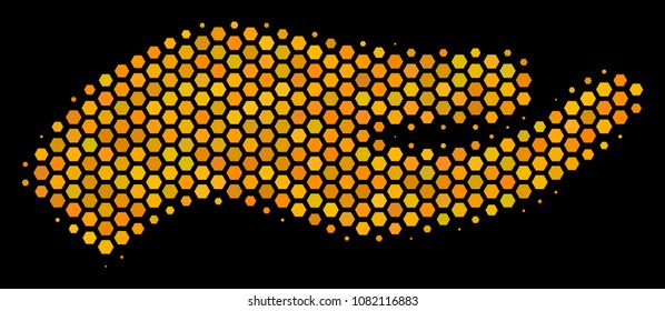 Halftone hexagon Hand icon. Bright gold pictogram with honeycomb geometric structure on a black background. Vector pattern of hand icon created of honeycomb cells.