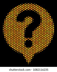 Halftone hexagon Help Balloon icon. Bright gold pictogram with honey comb geometric pattern on a black background. Vector concept of help balloon icon designed of hexagonal cells.
