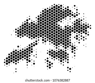 Halftone hexagon Hong Kong Map. Vector geographic map on a white background. Vector pattern of Hong Kong Map created of hexagon pixels.