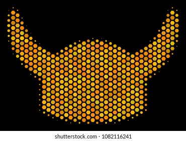 Halftone hexagon Horned Helmet icon. Bright golden pictogram with honeycomb geometric pattern on a black background. Vector composition of horned helmet icon done of hexagon dots.