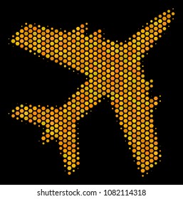 Halftone hexagon Jet Plane icon. Bright gold pictogram with honeycomb geometric pattern on a black background. Vector composition of jet plane icon composed of hexagon pixels.