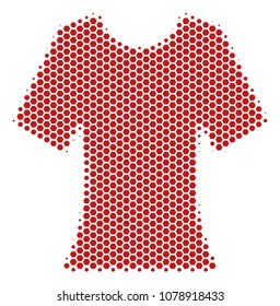 Halftone hexagon Lady T-Shirt icon. Pictogram on a white background. Vector collage of lady t-shirt icon created of hexagon blots.