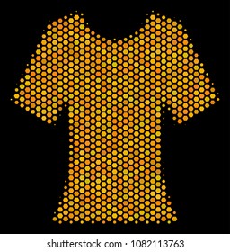 Halftone hexagon Lady T-Shirt icon. Bright yellow pictogram with honey comb geometric structure on a black background. Vector collage of lady t-shirt icon done of honeycomb elements.