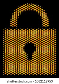 Halftone hexagon Lock icon. Bright yellow pictogram with honeycomb geometric structure on a black background. Vector concept of lock icon created of hexagon spots.