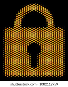 Halftone hexagon Lock icon. Bright golden pictogram with honey comb geometric structure on a black background. Vector mosaic of lock icon created of honeycomb blots.