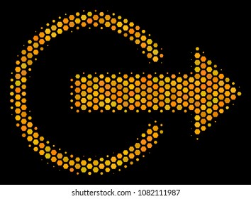 Halftone hexagon Logout icon. Bright golden pictogram with honeycomb geometric structure on a black background. Vector pattern of logout icon combined of honeycomb pixels.