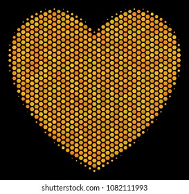Halftone hexagon Love Heart icon. Bright gold pictogram with honeycomb geometric structure on a black background. Vector mosaic of love heart icon designed of hexagon elements.