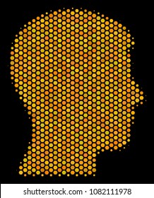 Halftone hexagon Man Head Profile icon. Bright golden pictogram with honeycomb geometric pattern on a black background. Vector concept of man head profile icon designed of hexagonal cells.