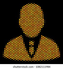 Halftone hexagon Manager icon. Bright yellow pictogram with honey comb geometric pattern on a black background. Vector concept of manager icon designed of hexagonal items.