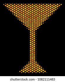 Halftone hexagon Martini Glass icon. Bright golden pictogram with honeycomb geometric structure on a black background. Vector composition of martini glass icon made of hexagonal blots.