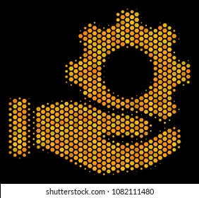 Halftone hexagon Mechanic Gear Service Hand icon. Bright yellow pictogram with honey comb geometric pattern on a black background.