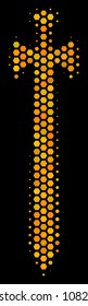 Halftone hexagon Medieval Sword icon. Bright gold pictogram with honey comb geometric pattern on a black background. Vector mosaic of medieval sword icon constructed of honeycomb spots.