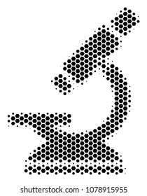 Halftone hexagon Microscope icon. Pictogram on a white background. Vector pattern of microscope icon composed of hexagonal spots.
