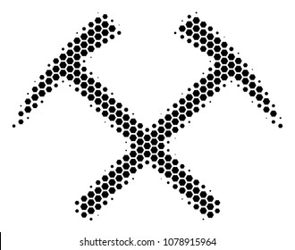 Halftone hexagon Mining Hammers icon. Pictogram on a white background. Vector collage of mining hammers icon composed of hexagon elements.