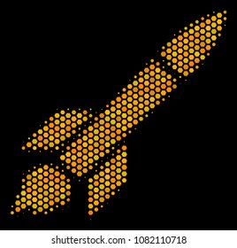 Halftone hexagon Missile Launch icon. Bright yellow pictogram with honey comb geometric pattern on a black background. Vector composition of missile launch icon organized of hexagon pixels.