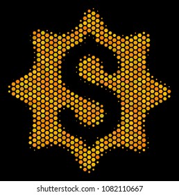 Halftone hexagon Money Award icon. Bright golden pictogram with honey comb geometric pattern on a black background. Vector collage of money award icon organized of hexagon pixels.