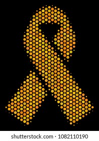 Halftone hexagon Mourning Ribbon icon. Bright yellow pictogram with honeycomb geometric structure on a black background. Vector collage of mourning ribbon icon created of hexagon spots.