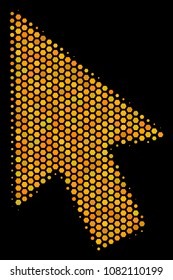 Halftone hexagon Mouse Cursor icon. Bright golden pictogram with honeycomb geometric structure on a black background. Vector collage of mouse cursor icon designed of hexagon dots.
