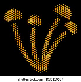 Halftone hexagon Mushrooms icon. Bright golden pictogram with honey comb geometric structure on a black background. Vector concept of mushrooms icon constructed of hexagon dots.