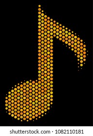 Halftone hexagon Musical Note icon. Bright golden pictogram with honey comb geometric pattern on a black background. Vector mosaic of musical note icon done of hexagon items.