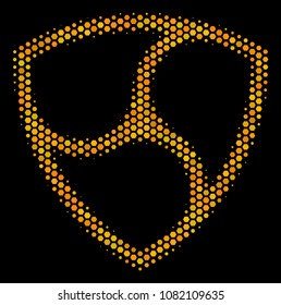 Halftone hexagon Nem Currency icon. Bright gold pictogram with honey comb geometric pattern on a black background. Vector concept of nem currency icon constructed of hexagon elements.