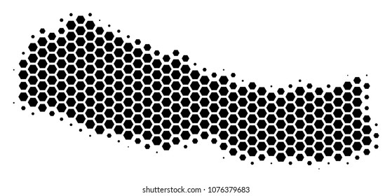 Halftone hexagon Nepal Map. Vector geographical map on a white background. Vector pattern of Nepal Map done of hexagonal items.