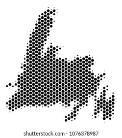 Halftone hexagon Newfoundland Island Map. Vector geographical map on a white background. Vector pattern of Newfoundland Island Map composed of hexagonal elements.