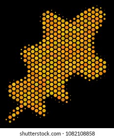 Halftone hexagon Oak Leaf icon. Bright golden pictogram with honey comb geometric structure on a black background. Vector pattern of oak leaf icon created of honeycomb dots.