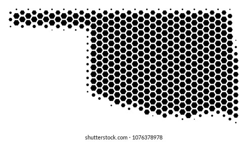 Halftone hexagon Oklahoma State Map. Vector geographical map on a white background. Vector composition of Oklahoma State Map combined of hexagon pixels.