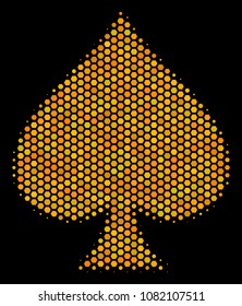 Halftone hexagon Peaks Suit icon. Bright yellow pictogram with honeycomb geometric structure on a black background. Vector composition of peaks suit icon made of hexagon items.