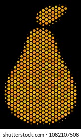 Halftone hexagon Pear icon. Bright gold pictogram with honey comb geometric structure on a black background. Vector mosaic of pear icon combined of hexagon spots.