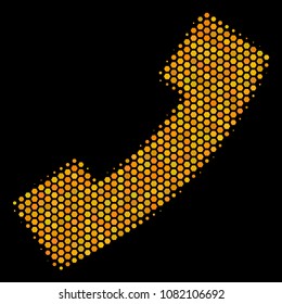 Halftone hexagon Phone Receiver icon. Bright gold pictogram with honey comb geometric structure on a black background. Vector pattern of phone receiver icon composed of hexagonal spots.
