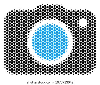 Halftone hexagon Photo Camera icon. Pictogram on a white background. Vector collage of photo camera icon constructed of hexagonal dots.