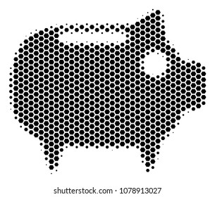 Halftone hexagon Piggy Bank icon. Pictogram on a white background. Vector composition of piggy bank icon made of hexagonal elements.