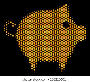 Halftone hexagon Piggy icon. Bright gold pictogram with honeycomb geometric pattern on a black background. Vector pattern of piggy icon done of honeycomb pixels.