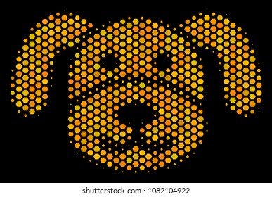 Halftone hexagon Puppy icon. Bright golden pictogram with honey comb geometric pattern on a black background. Vector mosaic of puppy icon designed of honeycomb pixels.