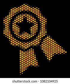 Halftone hexagon Quality icon. Bright yellow pictogram with honey comb geometric pattern on a black background. Vector pattern of quality icon designed of honeycomb blots.