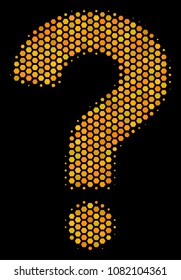 Halftone hexagon Question icon. Bright yellow pictogram with honey comb geometric pattern on a black background. Vector concept of question icon made of hexagon spots.