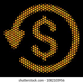 Halftone hexagon Refund icon. Bright yellow pictogram with honey comb geometric structure on a black background. Vector mosaic of refund icon done of hexagon cells.