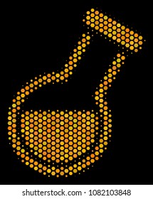 Halftone hexagon Retort icon. Bright golden pictogram with honeycomb geometric structure on a black background. Vector pattern of retort icon made of hexagonal pixels.