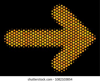 Halftone hexagon Right Arrow icon. Bright yellow pictogram with honeycomb geometric pattern on a black background. Vector concept of right arrow icon organized of hexagon elements.