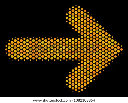 Halftone hexagon Right Arrow icon. Bright yellow pictogram with honeycomb geometric pattern on a black background. Vector concept of right arrow icon organized of hexagon elements.