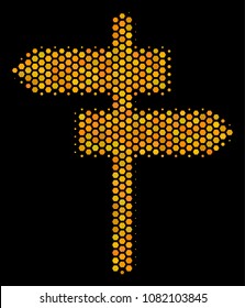 Halftone hexagon Road Pointer icon. Bright yellow pictogram with honeycomb geometric pattern on a black background. Vector concept of road pointer icon combined of honeycomb dots.