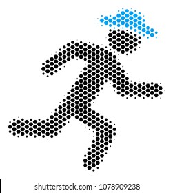 Halftone hexagon Running Gentleman icon. Pictogram on a white background. Vector composition of running gentleman icon composed of hexagonal pixels.