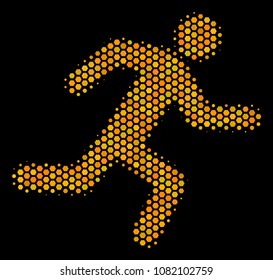 Halftone hexagon Running Man icon. Bright gold pictogram with honey comb geometric structure on a black background. Vector pattern of running man icon designed of hexagonal spots.