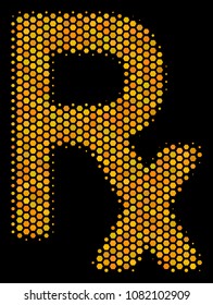 Halftone hexagon Rx Symbol icon. Bright yellow pictogram with honey comb geometric structure on a black background. Vector pattern of Rx symbol icon designed of honeycomb pixels.