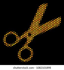 Halftone hexagon Scissors icon. Bright golden pictogram with honey comb geometric pattern on a black background. Vector collage of scissors icon combined of hexagonal spots.